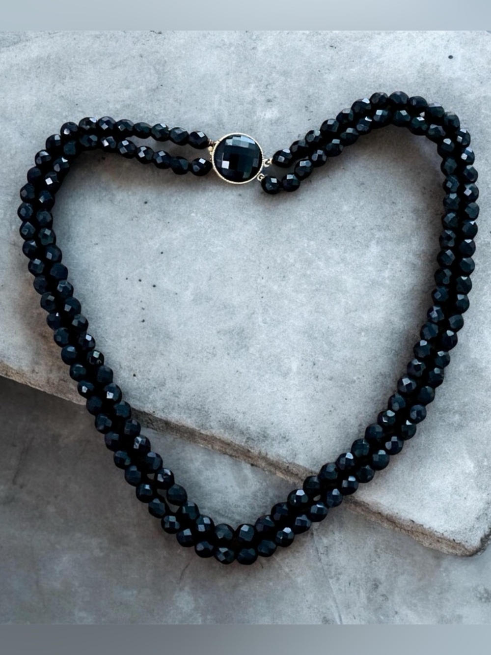 Black Glass Faceted Mourning Beads- Double Strand Necklace with Gold Accent